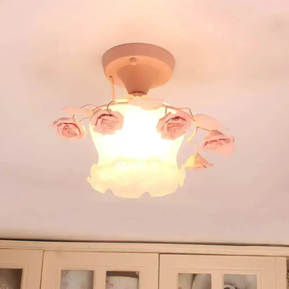 Decorbites pastoral style ruffle glass semi flush light in pink white with floral embellishments for dining room ceiling