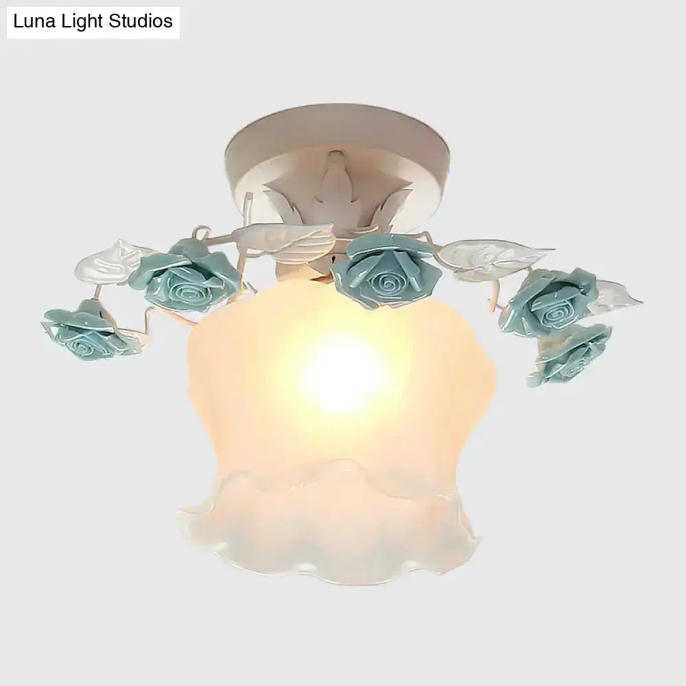 Decorbites pastel style glass semi flush light with sculpted teal roses around pink white shade for dining room ceiling