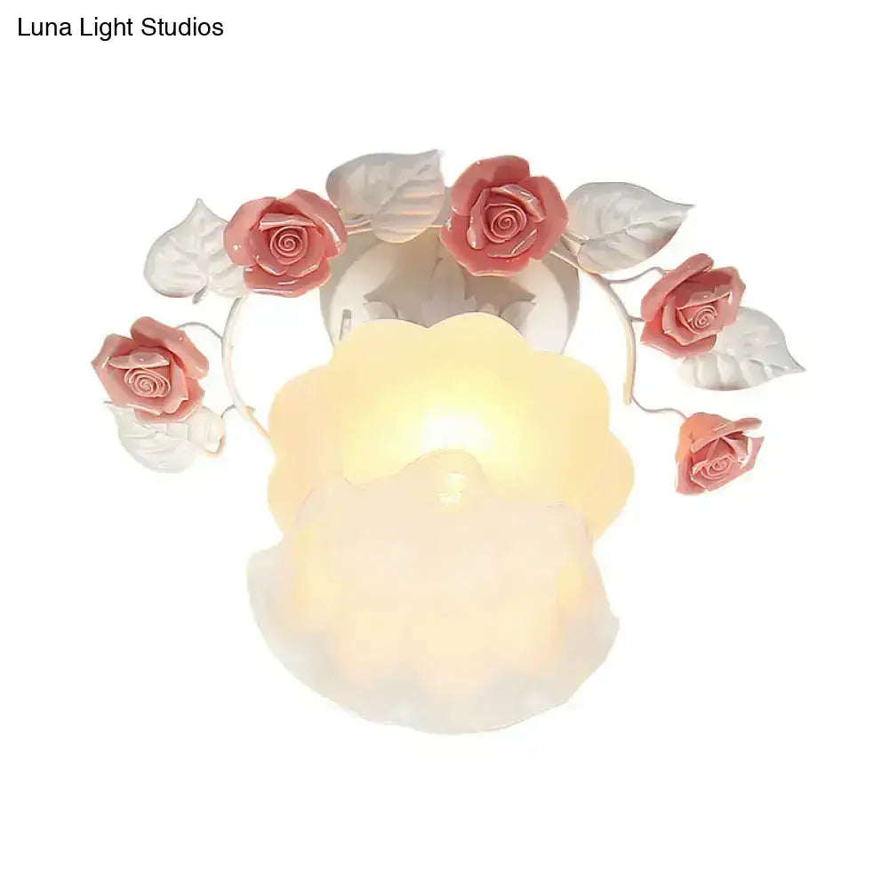 Decorbites™ pastoral style ruffle glass semi flush light with pink white rose blossoms for dining room ceiling