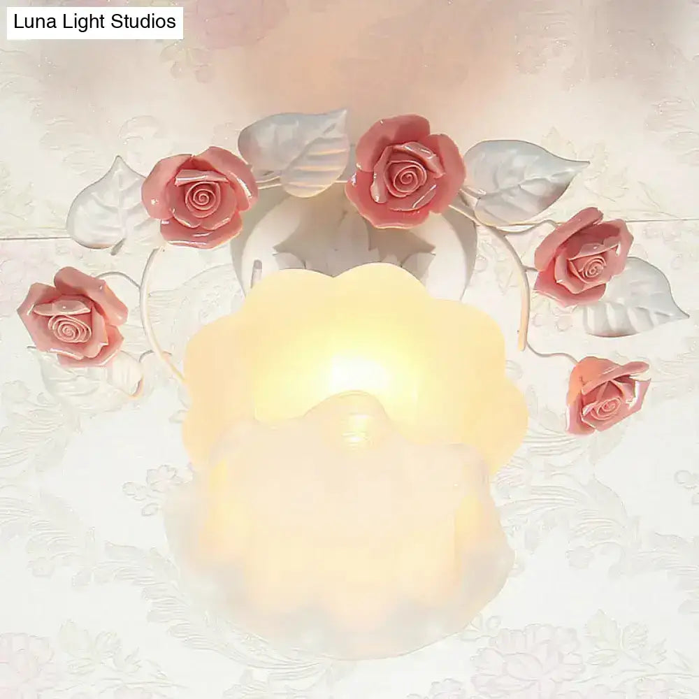 Decorbites™ pastoral style pink white glass semi flush light with rose details and warm glow for dining room ceiling