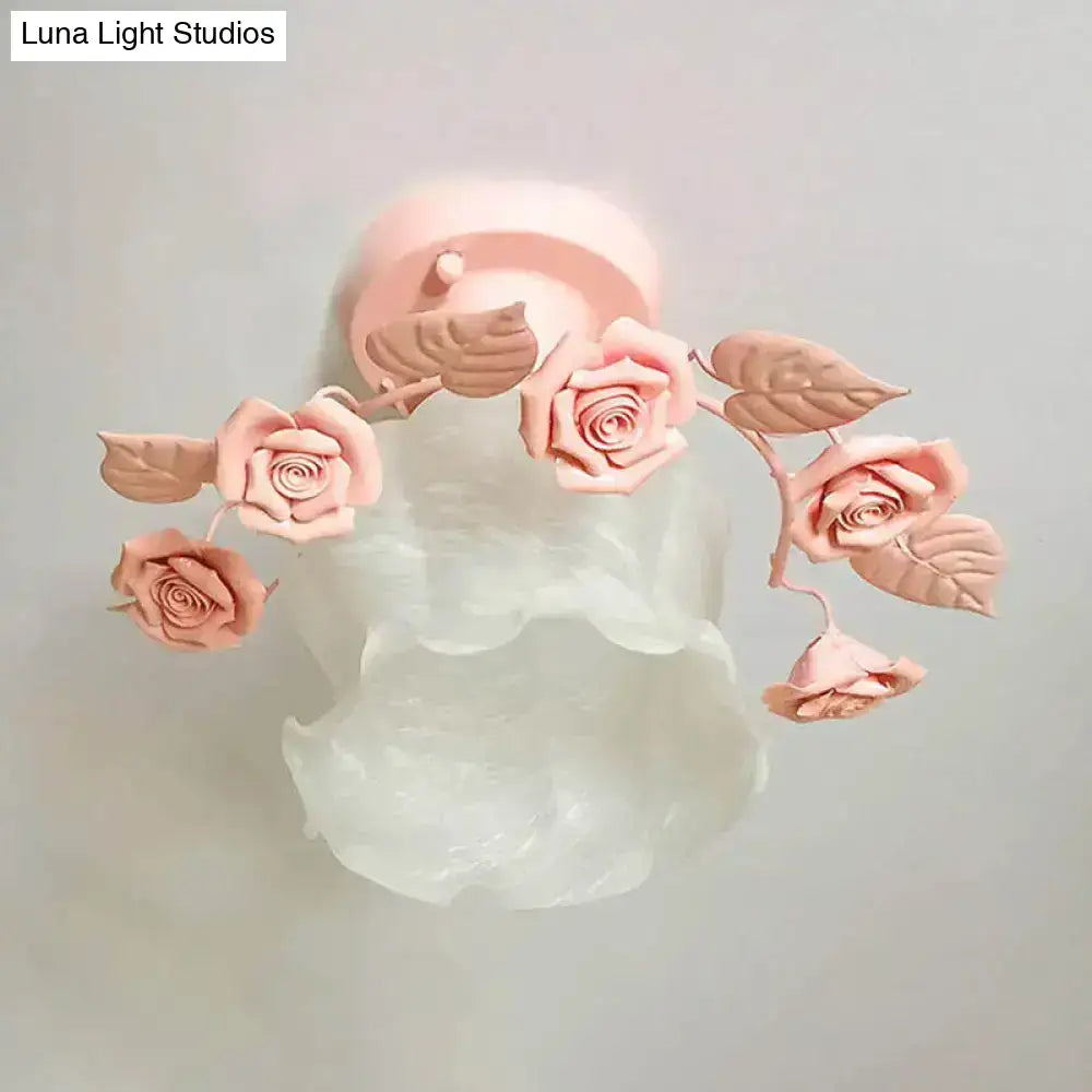 Decorbites pastel pink white glass semi flush ceiling light with sculpted rose petals for dining room ceiling