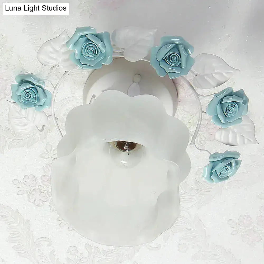 Frosted white glass semi flush ceiling light with five turquoise roses and leaves for dining room ceiling decorbites pink white