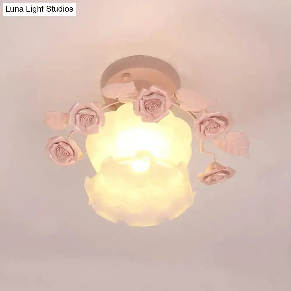 Decorbites pastel style pink white glass semi flush ceiling light with frosted shade for dining room ceiling