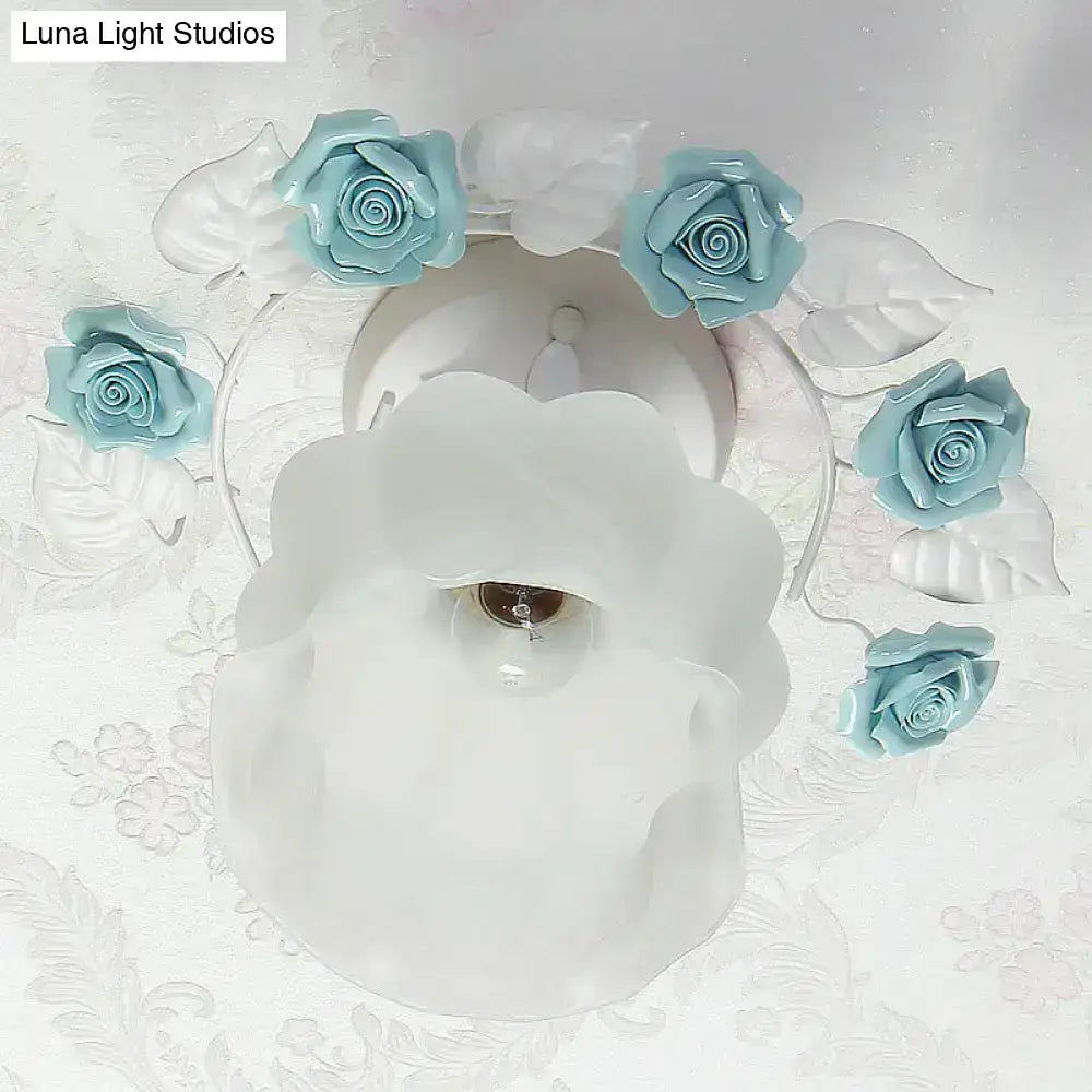 Decorbites pastoral style pink white glass semi flush light with blue rose accents for dining room ceiling