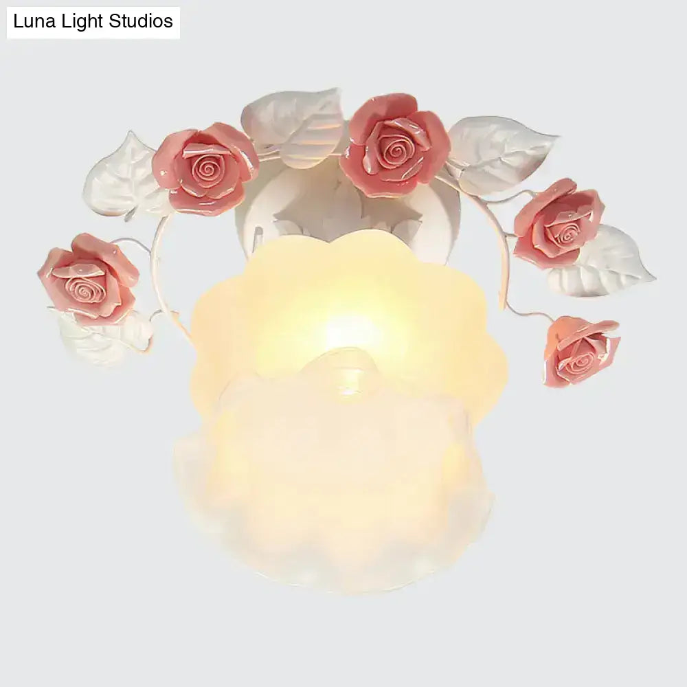 Decorbites™ pastel style ruffle glass semi flush light with pink white rose blossoms for dining room ceiling