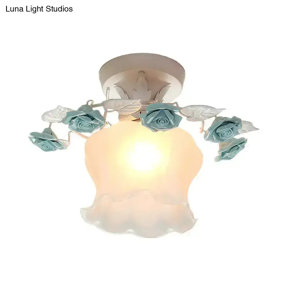 Delicate decorbites pastel style glass semi flush light with frosted shade and teal roses for dining room ceiling pink white