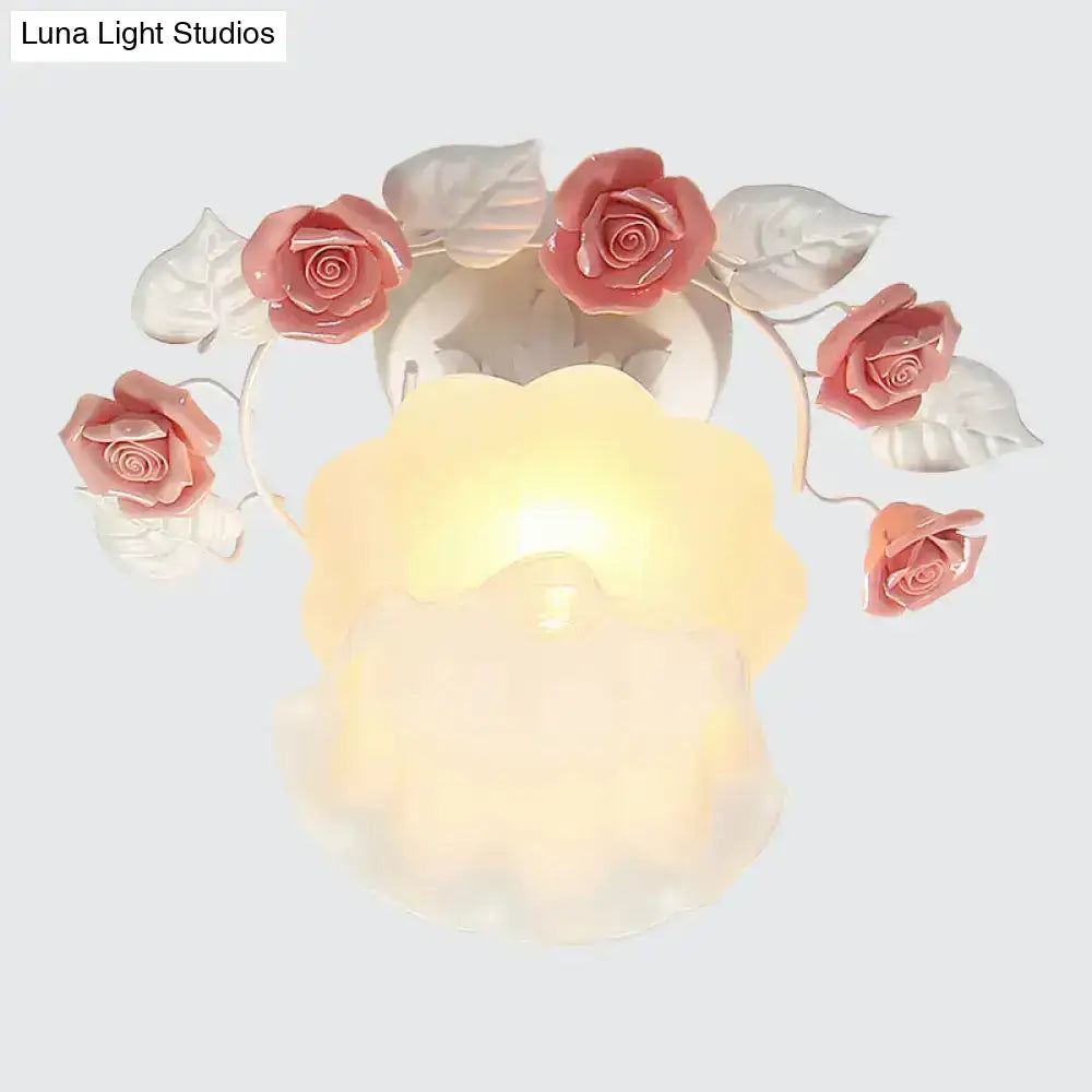 DecorBites™ pastel style glass semi flush light with pink white rose blossoms for dining room ceiling use
