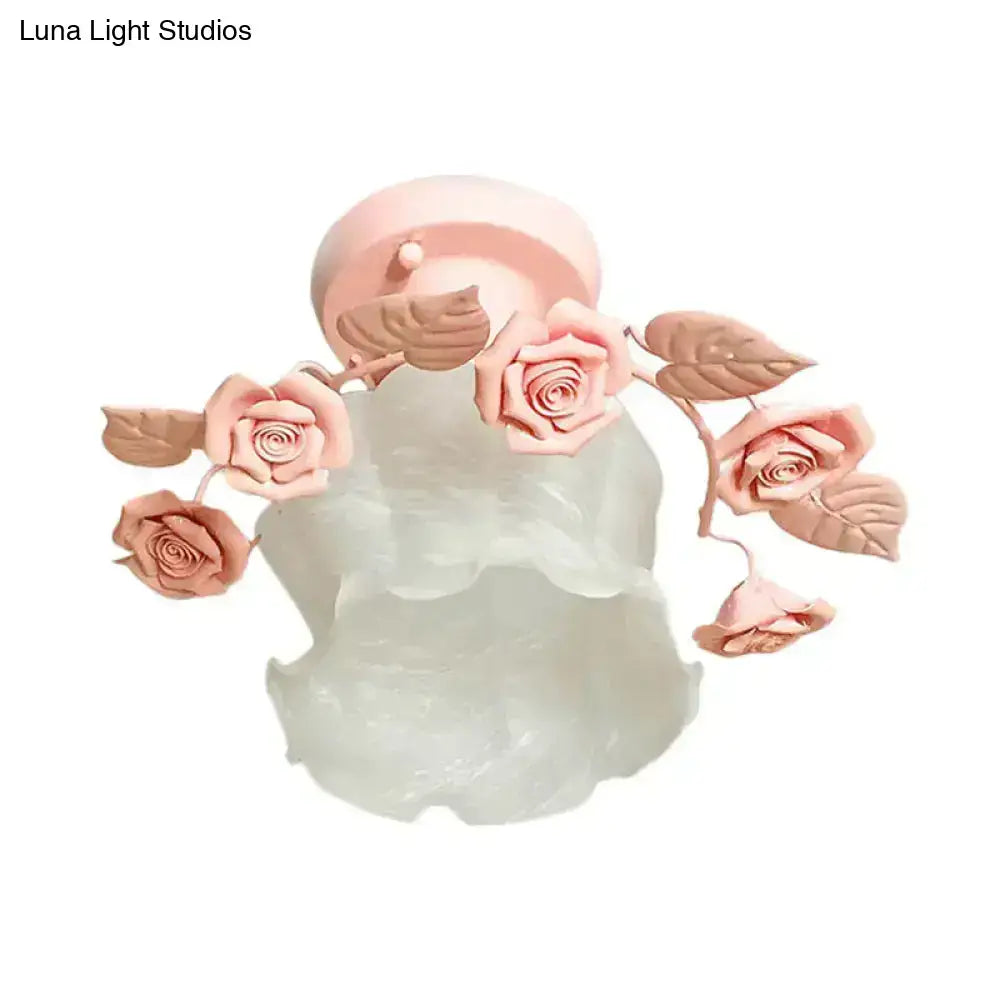 Decorbites pastel pink white glass semi flush light with rose details and frosted shade for dining room ceiling