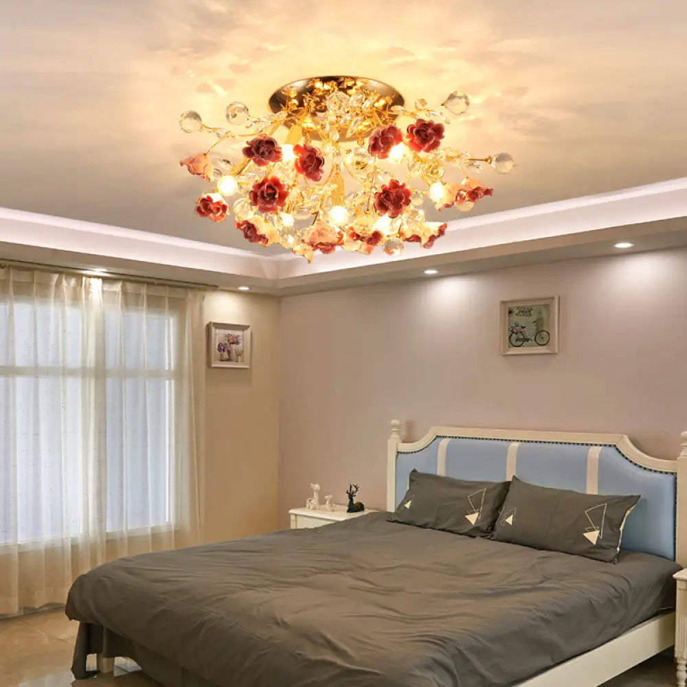 DecorBites™ DecorBites™ Pastoral Rosebush Ceiling Light: Ceramic Semi Flush Fixture with Crystal Accents