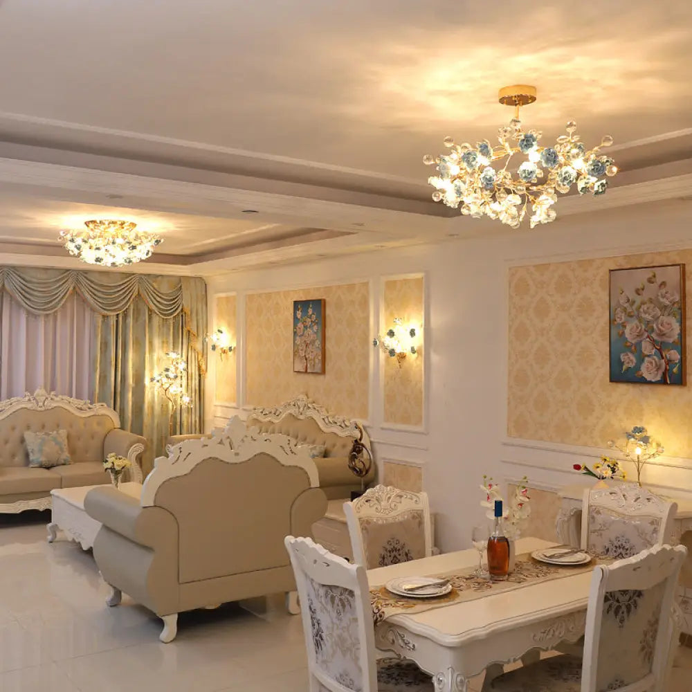 DecorBites™ DecorBites™ Pastoral Rosebush Ceiling Light: Ceramic Semi Flush Fixture with Crystal Accents