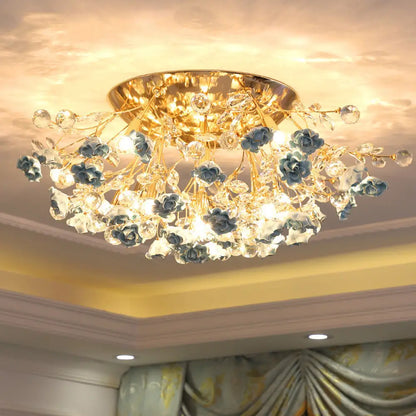 DecorBites™ DecorBites™ Pastoral Rosebush Ceiling Light: Ceramic Semi Flush Fixture with Crystal Accents
