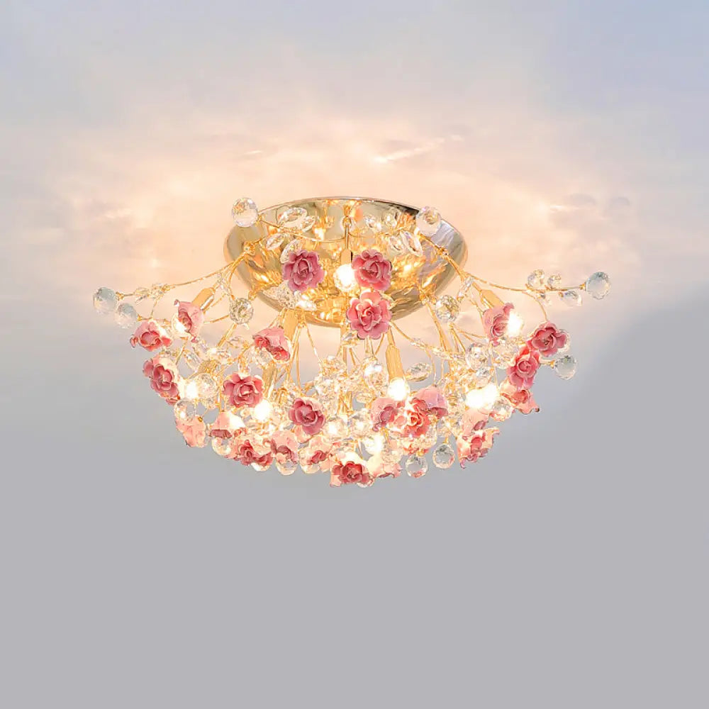 DecorBites™ DecorBites™ Pastoral Rosebush Ceiling Light: Ceramic Semi Flush Fixture with Crystal Accents
