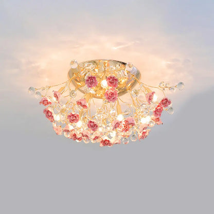 DecorBites™ DecorBites™ Pastoral Rosebush Ceiling Light: Ceramic Semi Flush Fixture with Crystal Accents