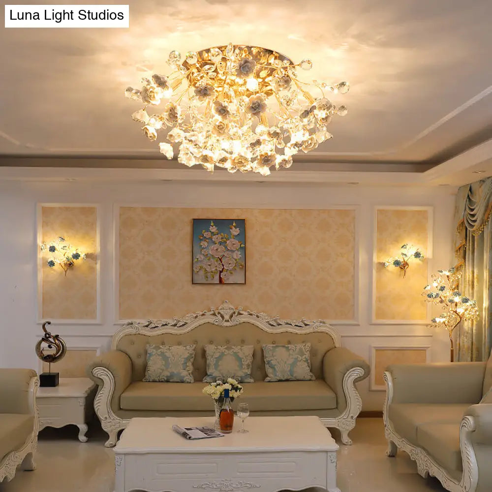 DecorBites™ DecorBites™ Pastoral Rosebush Ceiling Light: Ceramic Semi Flush Fixture with Crystal Accents