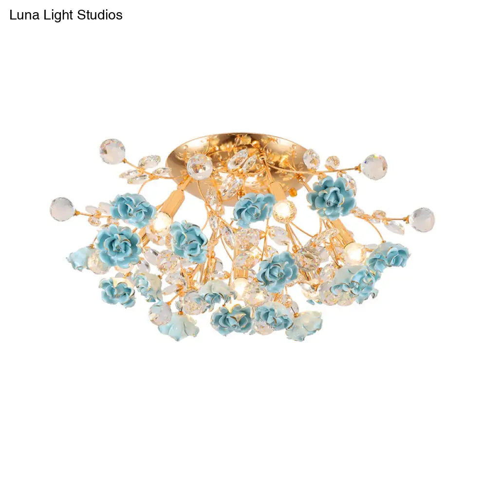 DecorBites™ DecorBites™ Pastoral Rosebush Ceiling Light: Ceramic Semi Flush Fixture with Crystal Accents