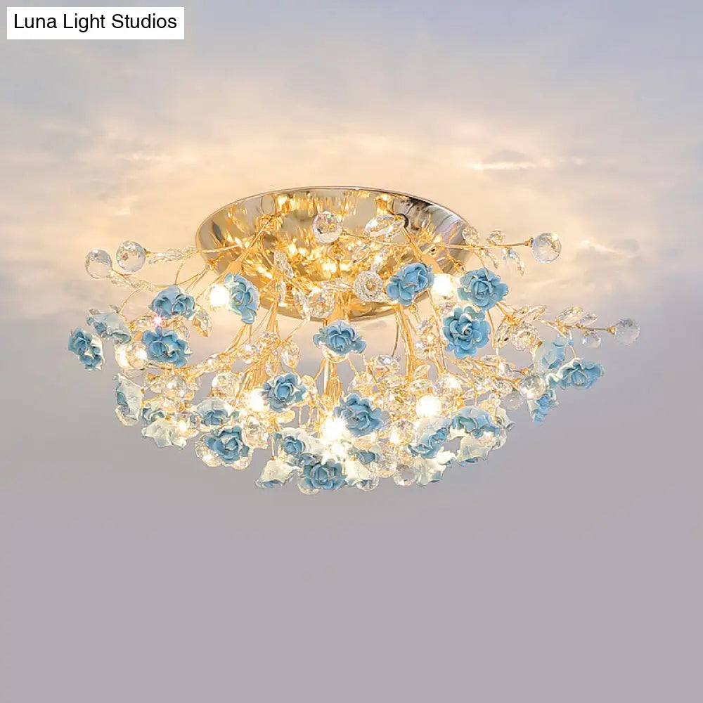 DecorBites™ DecorBites™ Pastoral Rosebush Ceiling Light: Ceramic Semi Flush Fixture with Crystal Accents