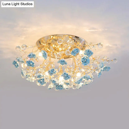 DecorBites™ DecorBites™ Pastoral Rosebush Ceiling Light: Ceramic Semi Flush Fixture with Crystal Accents