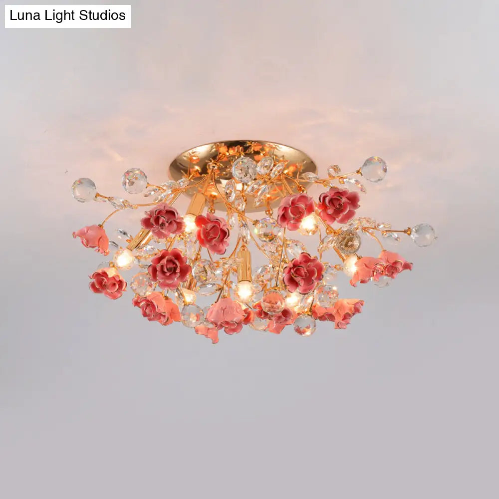 DecorBites™ DecorBites™ Pastoral Rosebush Ceiling Light: Ceramic Semi Flush Fixture with Crystal Accents