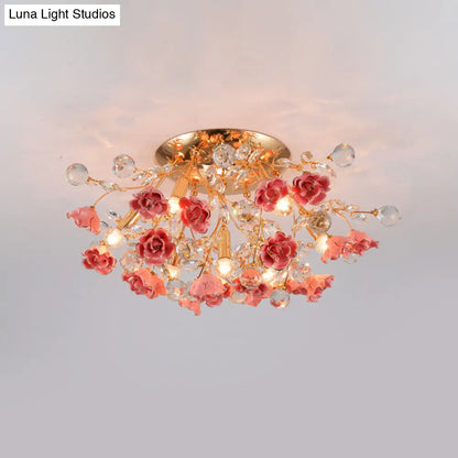 DecorBites™ DecorBites™ Pastoral Rosebush Ceiling Light: Ceramic Semi Flush Fixture with Crystal Accents