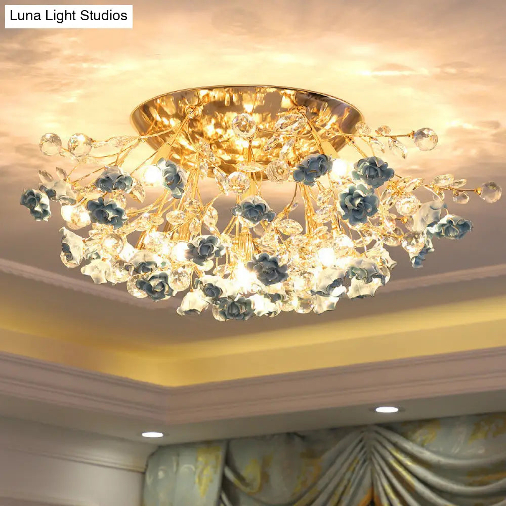 DecorBites™ DecorBites™ Pastoral Rosebush Ceiling Light: Ceramic Semi Flush Fixture with Crystal Accents