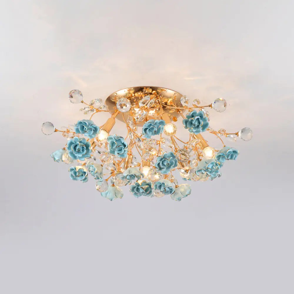 DecorBites™ DecorBites™ Pastoral Rosebush Ceiling Light: Ceramic Semi Flush Fixture with Crystal Accents