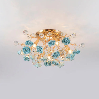 DecorBites™ DecorBites™ Pastoral Rosebush Ceiling Light: Ceramic Semi Flush Fixture with Crystal Accents