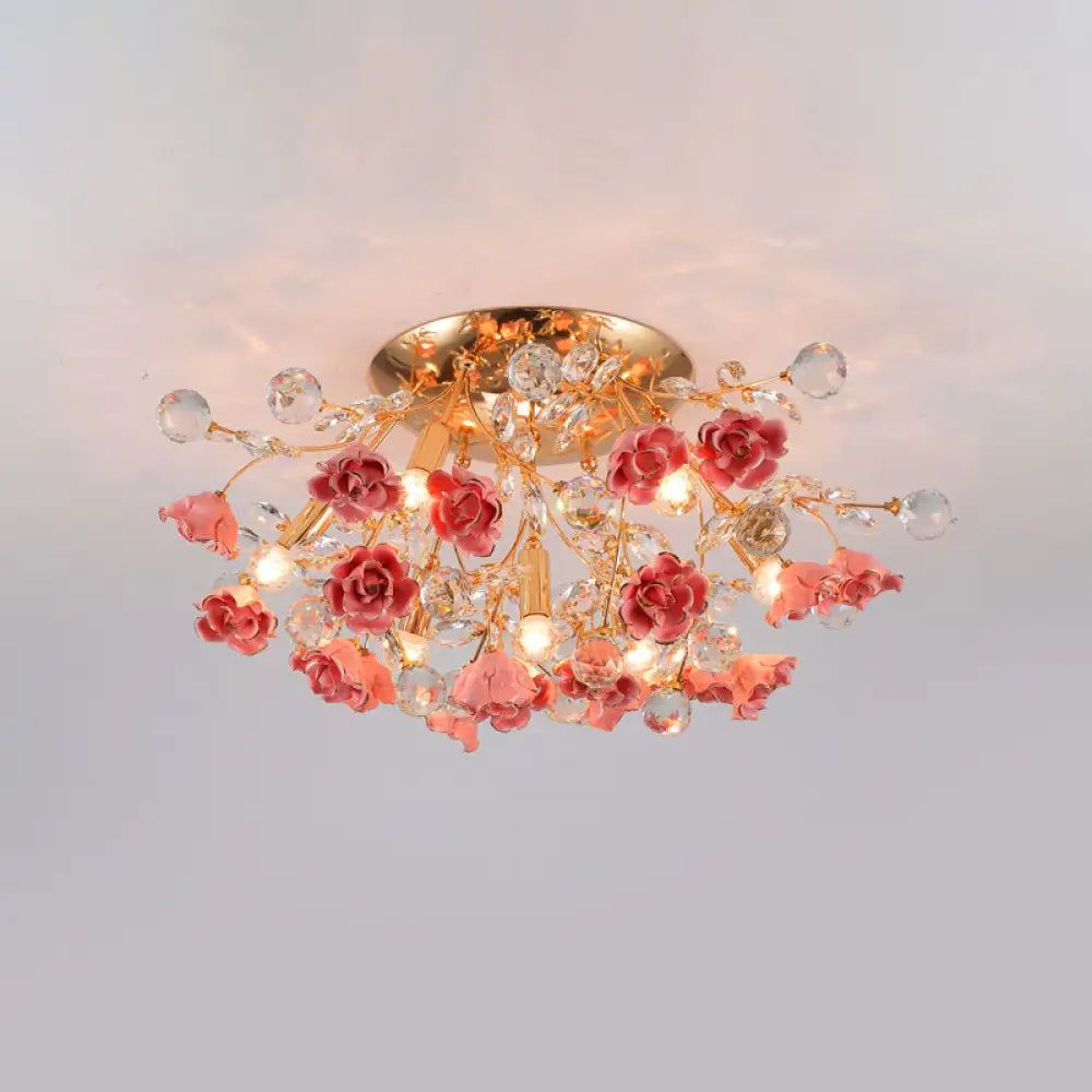 DecorBites™ DecorBites™ Pastoral Rosebush Ceiling Light: Ceramic Semi Flush Fixture with Crystal Accents