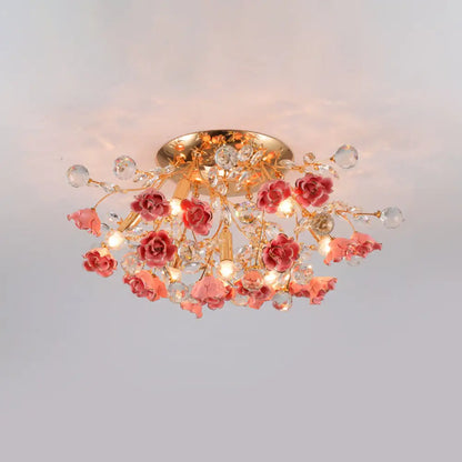 DecorBites™ DecorBites™ Pastoral Rosebush Ceiling Light: Ceramic Semi Flush Fixture with Crystal Accents