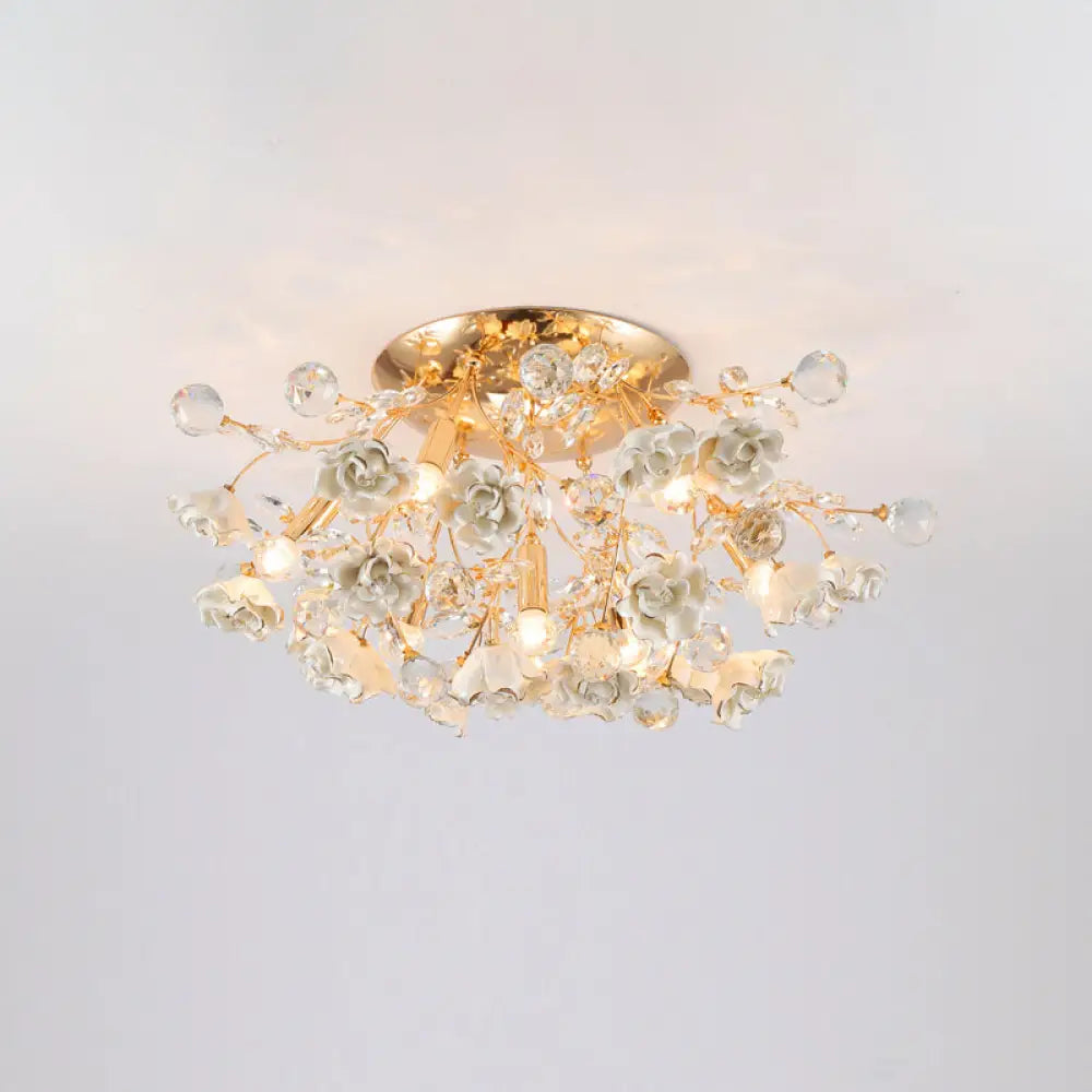 DecorBites™ DecorBites™ Pastoral Rosebush Ceiling Light: Ceramic Semi Flush Fixture with Crystal Accents