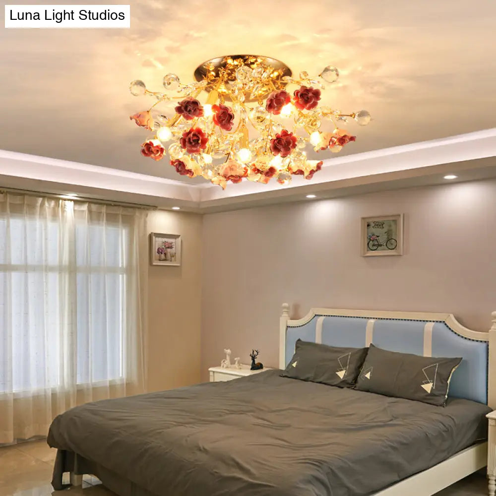 DecorBites™ DecorBites™ Pastoral Rosebush Ceiling Light: Ceramic Semi Flush Fixture with Crystal Accents