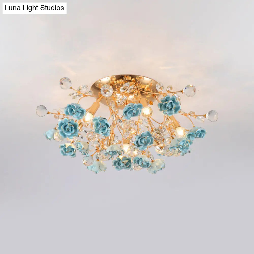 DecorBites™ DecorBites™ Pastoral Rosebush Ceiling Light: Ceramic Semi Flush Fixture with Crystal Accents