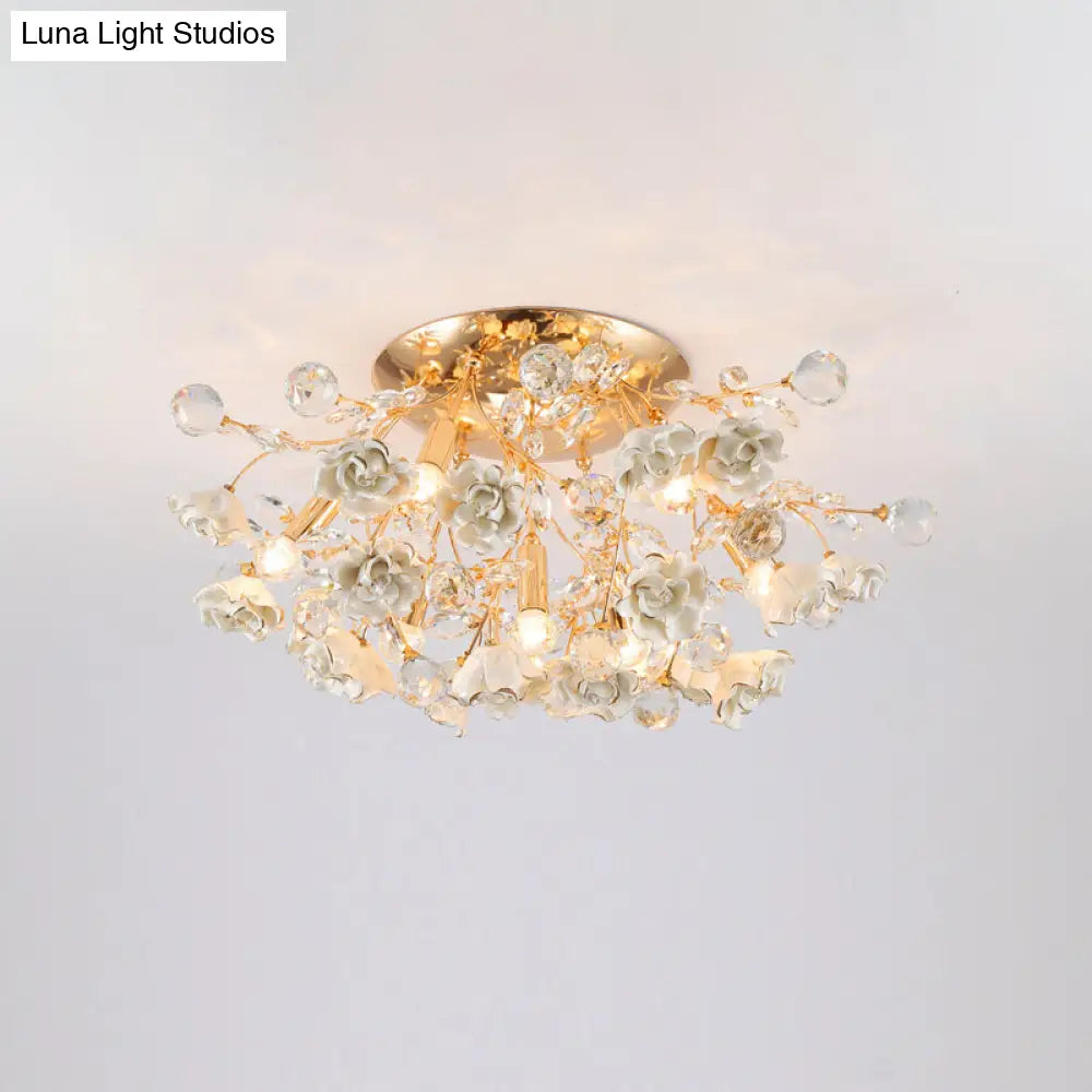 DecorBites™ DecorBites™ Pastoral Rosebush Ceiling Light: Ceramic Semi Flush Fixture with Crystal Accents