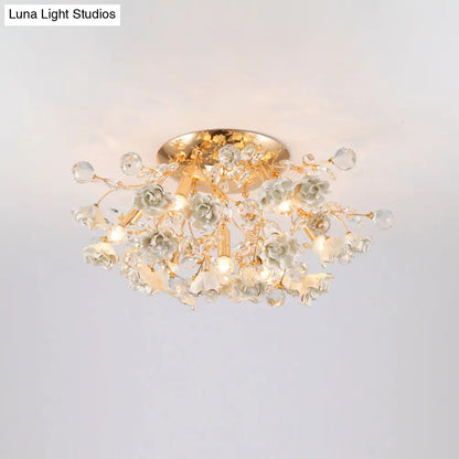 DecorBites™ DecorBites™ Pastoral Rosebush Ceiling Light: Ceramic Semi Flush Fixture with Crystal Accents