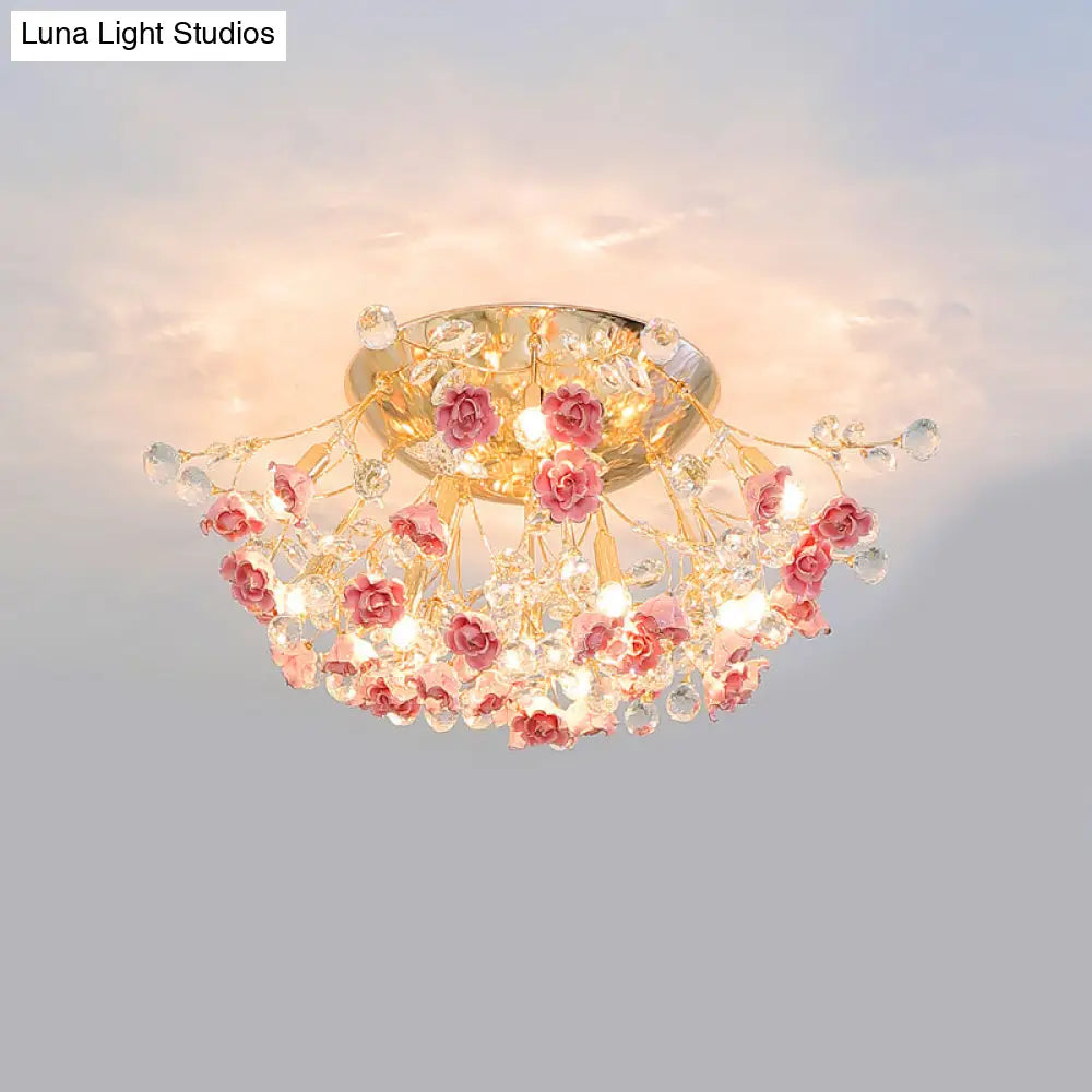 DecorBites™ DecorBites™ Pastoral Rosebush Ceiling Light: Ceramic Semi Flush Fixture with Crystal Accents