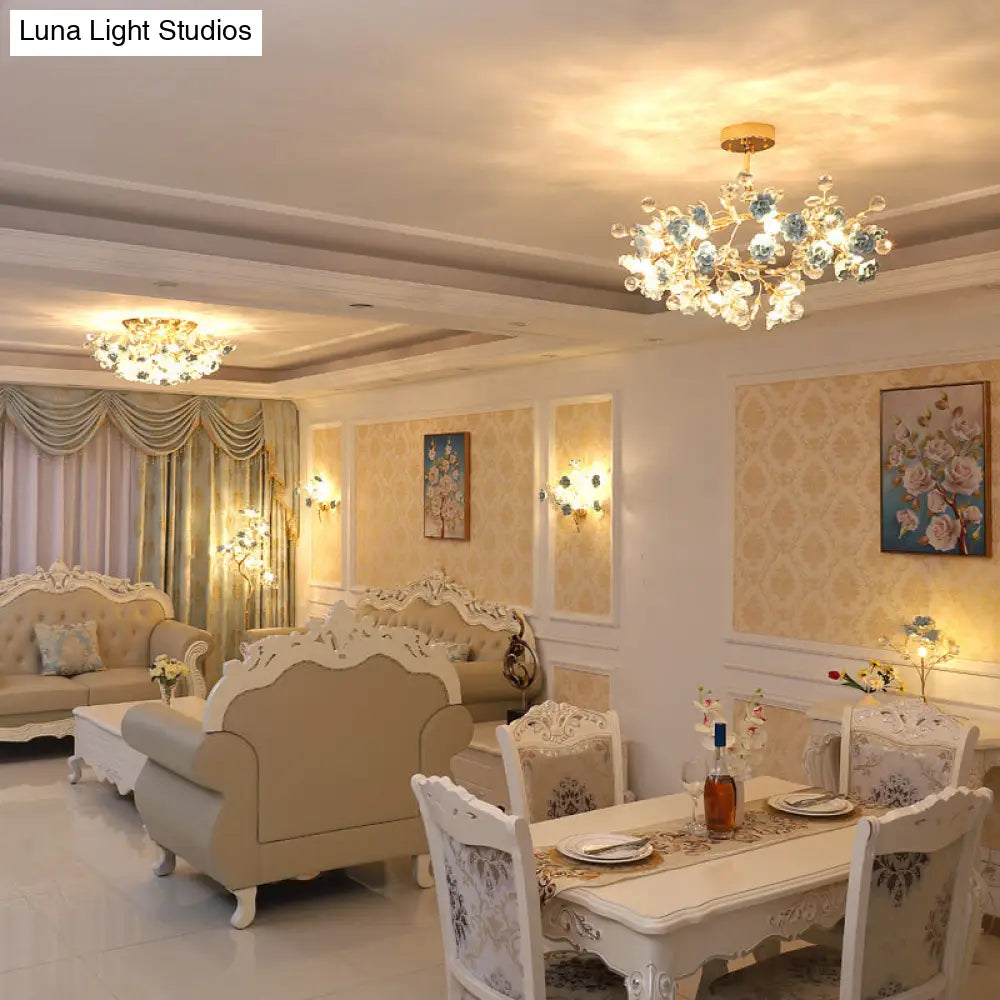 DecorBites™ DecorBites™ Pastoral Rosebush Ceiling Light: Ceramic Semi Flush Fixture with Crystal Accents