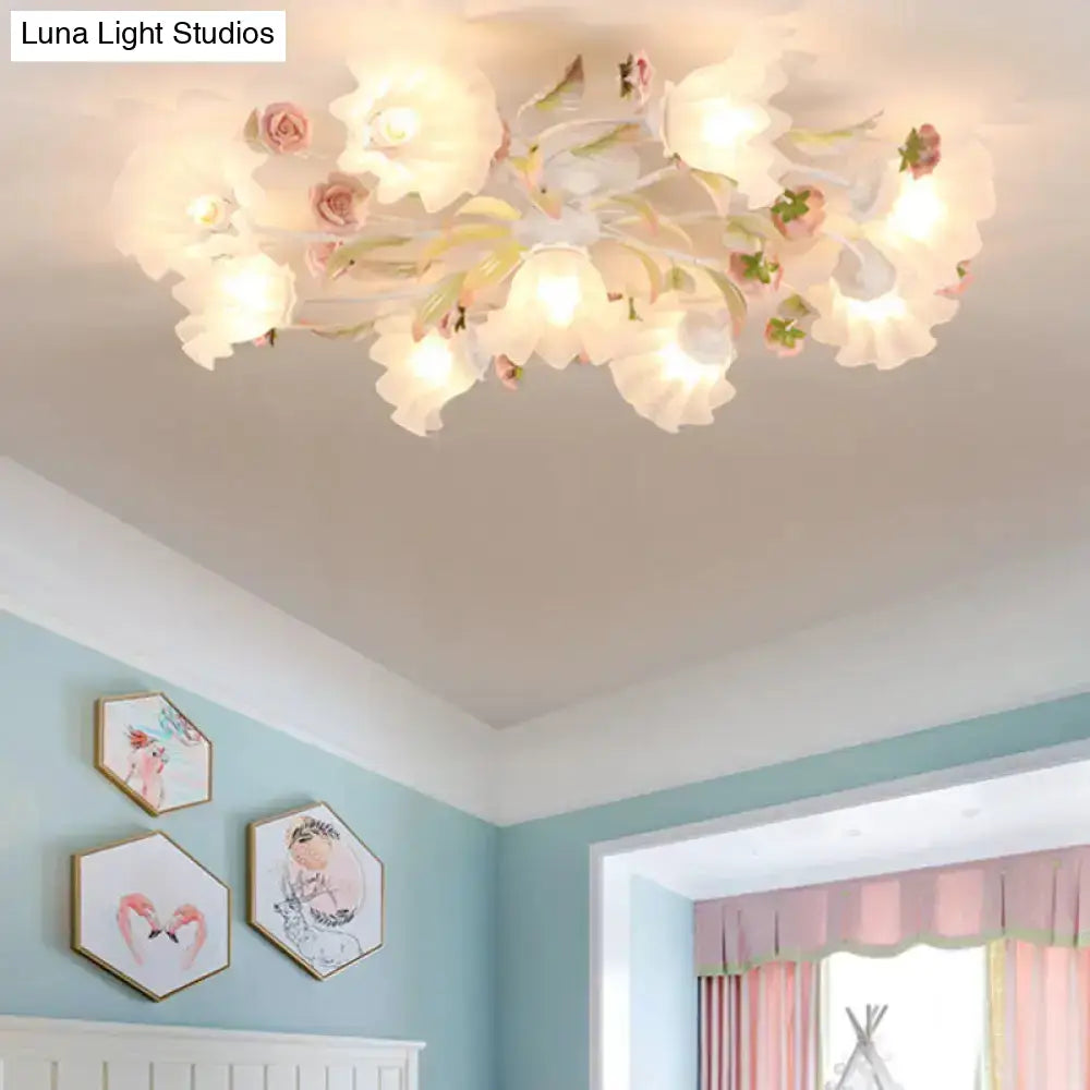 DecorBites™ DecorBites™ Pastoral Ruffle Ceiling Flush Lamp - 4/7/9 Frosted White Glass Heads - Semi Flush Mount for Dining Room