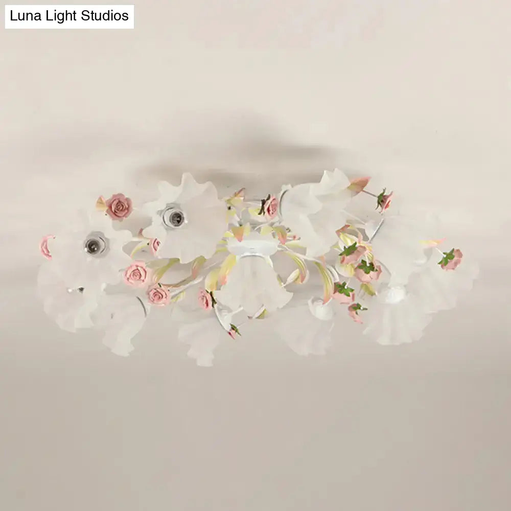 DecorBites™ DecorBites™ Pastoral Ruffle Ceiling Flush Lamp - 4/7/9 Frosted White Glass Heads - Semi Flush Mount for Dining Room