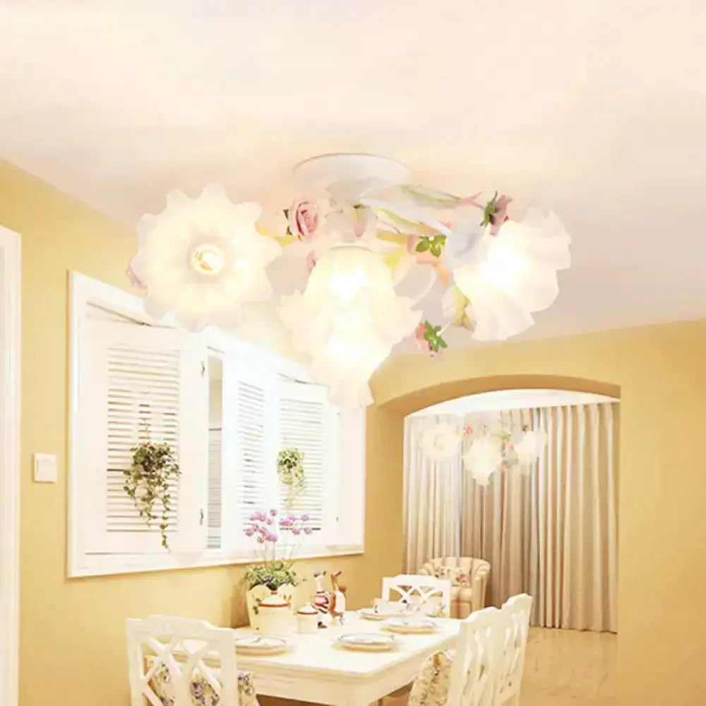 DecorBites™ DecorBites™ Pastoral Ruffle Ceiling Flush Lamp - 4/7/9 Frosted White Glass Heads - Semi Flush Mount for Dining Room