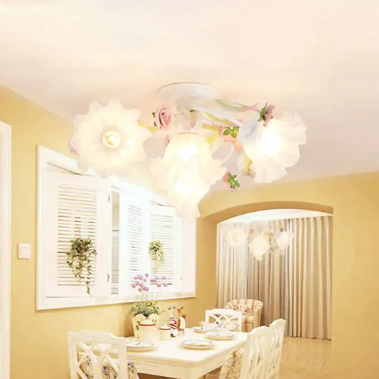 DecorBites™ DecorBites™ Pastoral Ruffle Ceiling Flush Lamp - 4/7/9 Frosted White Glass Heads - Semi Flush Mount for Dining Room