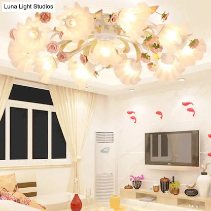 DecorBites™ DecorBites™ Pastoral Ruffle Ceiling Flush Lamp - 4/7/9 Frosted White Glass Heads - Semi Flush Mount for Dining Room