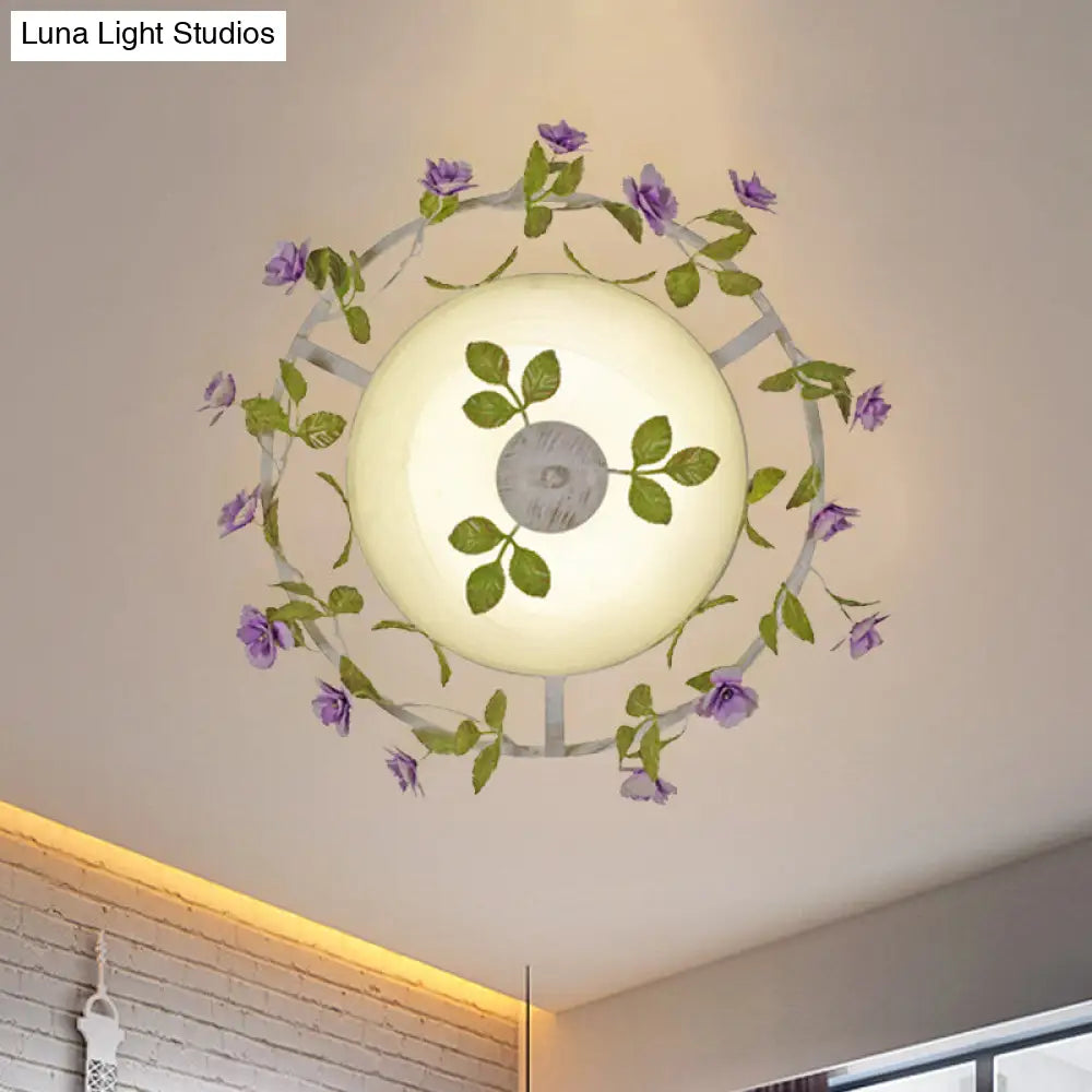 DecorBites™ DecorBites™ Pastoral Style 2-Head White Glass Flush Mount Ceiling Lamp with Bloom Decoration