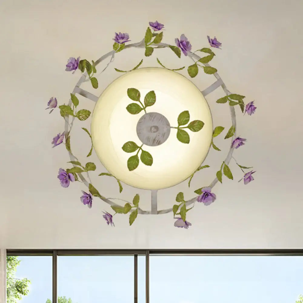 DecorBites™ DecorBites™ Pastoral Style 2-Head White Glass Flush Mount Ceiling Lamp with Bloom Decoration