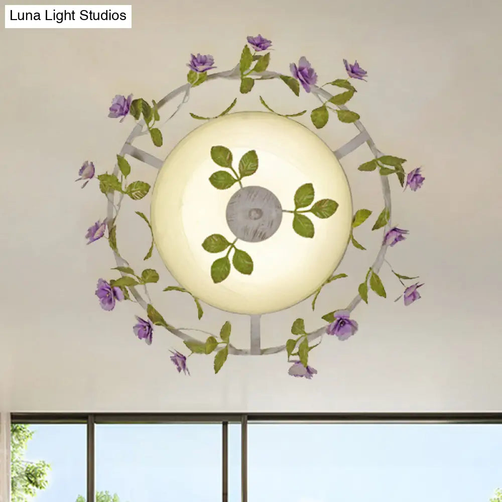DecorBites™ DecorBites™ Pastoral Style 2-Head White Glass Flush Mount Ceiling Lamp with Bloom Decoration