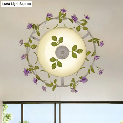 DecorBites™ DecorBites™ Pastoral Style 2-Head White Glass Flush Mount Ceiling Lamp with Bloom Decoration