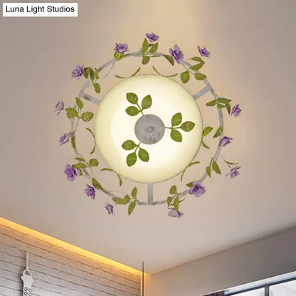 DecorBites™ DecorBites™ Pastoral Style 2-Head White Glass Flush Mount Ceiling Lamp with Bloom Decoration