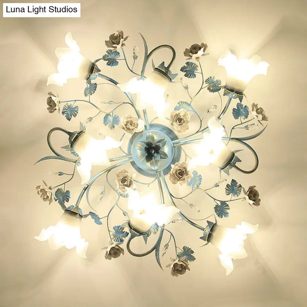 DecorBites™ DecorBites™ Pastoral Style Blue Flower Cream Glass Flush Mount Light for Bedroom Ceiling