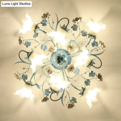 DecorBites™ DecorBites™ Pastoral Style Blue Flower Cream Glass Flush Mount Light for Bedroom Ceiling