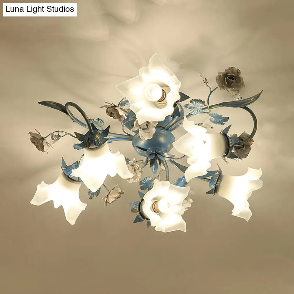 DecorBites™ DecorBites™ Pastoral Style Blue Flower Cream Glass Flush Mount Light for Bedroom Ceiling