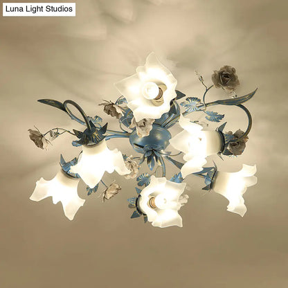 DecorBites™ DecorBites™ Pastoral Style Blue Flower Cream Glass Flush Mount Light for Bedroom Ceiling