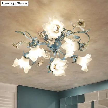 DecorBites™ DecorBites™ Pastoral Style Blue Flower Cream Glass Flush Mount Light for Bedroom Ceiling
